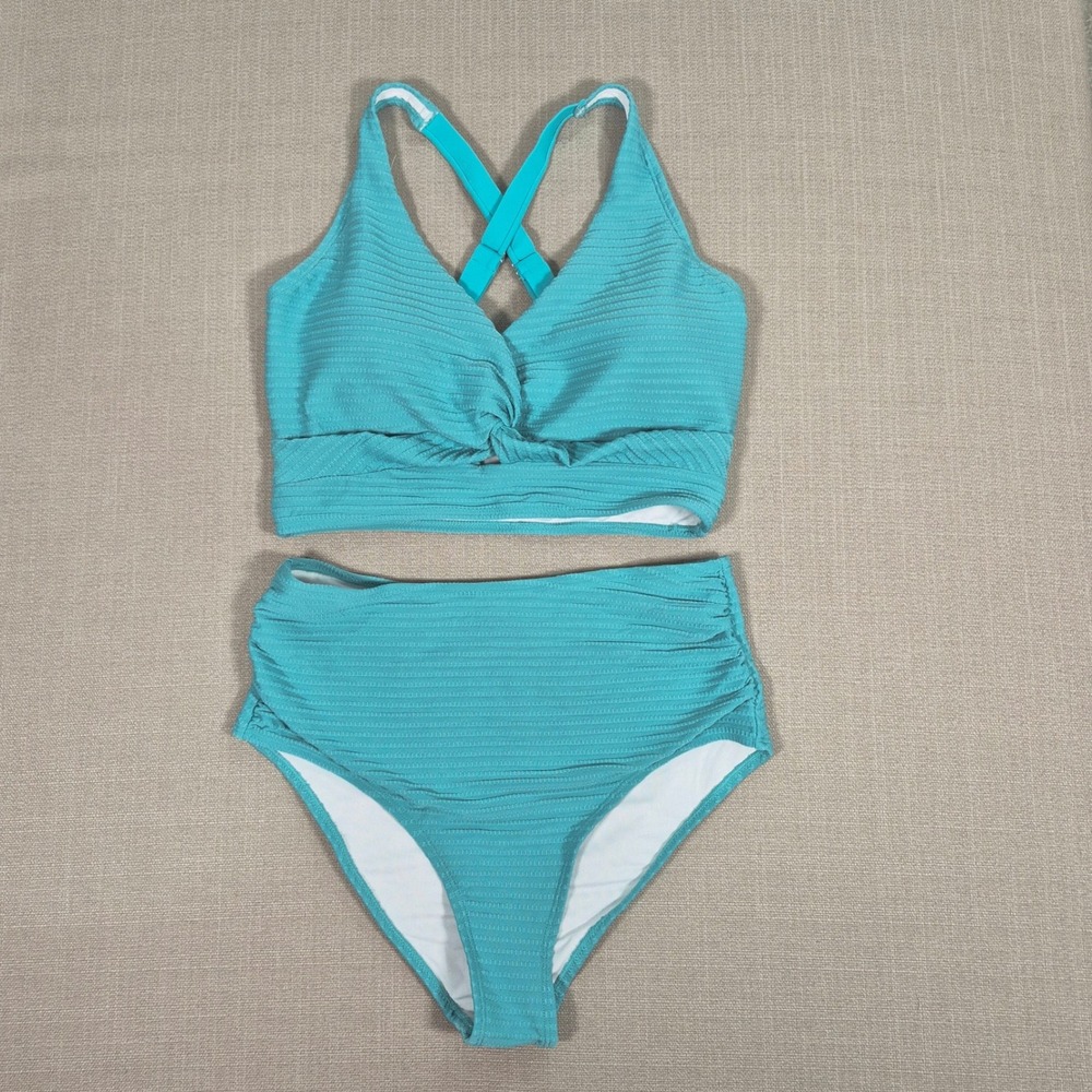 Herseas Teal Ribbed High Waisted Twist Front Bikini Swimsuit Set Size L NWOT